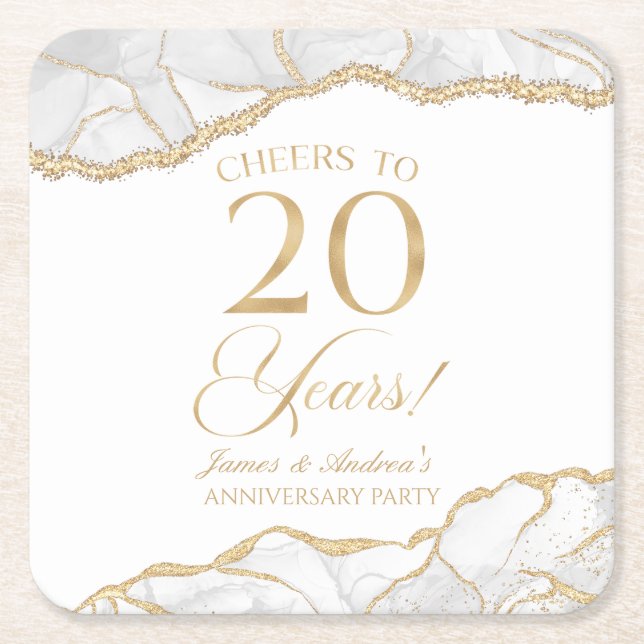 Elegant White Gold Agate 20th Anniversary Party Square Paper Coaster (Front)