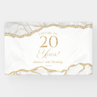 Elegant White Gold Agate 20th Birthday Party Banner