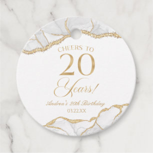 Elegant White Gold Agate 20th Birthday Party Favour Tags