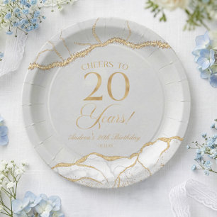 Elegant White Gold Agate 20th Birthday Party Paper Plate