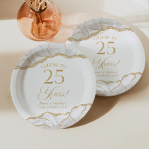 Elegant White Gold Agate 25th Anniversary Party Paper Plate
