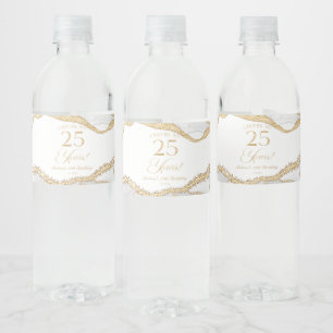 Elegant White Gold Agate 25th Birthday Party Water Bottle Label
