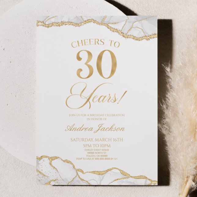 Elegant White Gold Agate 30th Birthday Party Invitation (Creator Uploaded)