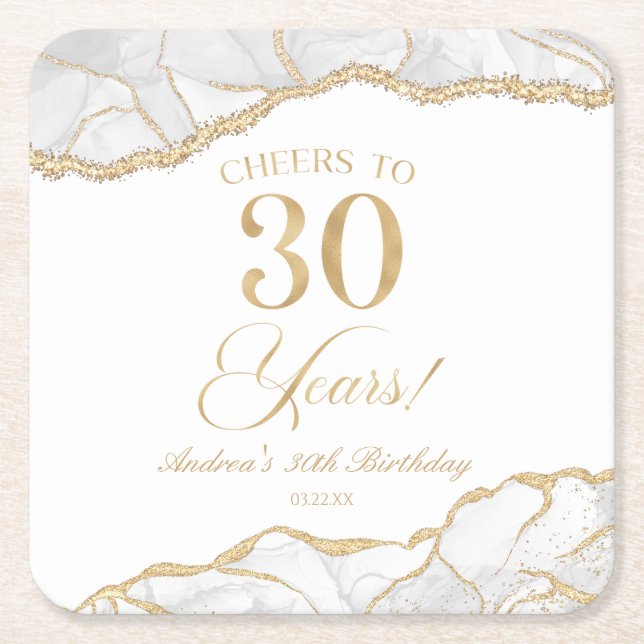 Elegant White Gold Agate 30th Birthday Party Square Paper Coaster (Front)