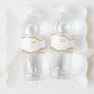 Elegant White Gold Agate 30th Birthday Party Water Bottle Label