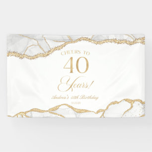 Elegant White Gold Agate 40th Birthday Party Banner