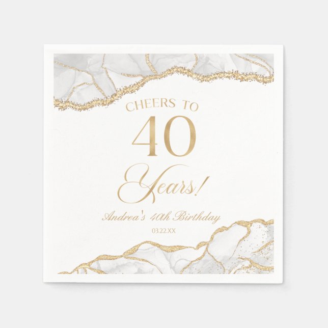 Elegant White Gold Agate 40th Birthday Party Napkin (Front)