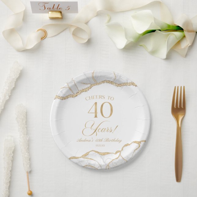 Elegant White Gold Agate 40th Birthday Party Paper Plate (Wedding)