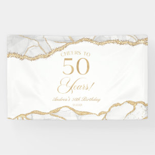 Elegant White Gold Agate 50th Birthday Party Banner