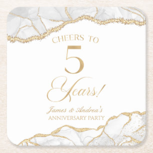 Elegant White Gold Agate 5th Anniversary Party Square Paper Coaster