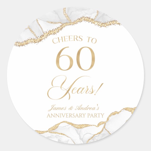 Elegant White Gold Agate 60th Anniversary Party Classic Round Sticker (Front)