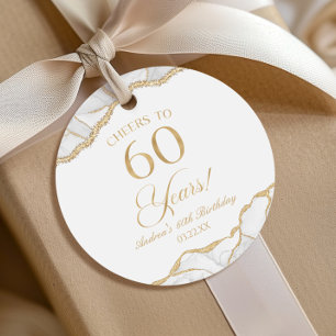 Elegant White Gold Agate 60th Birthday Party Favour Tags