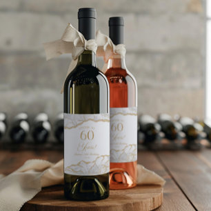 Elegant White Gold Agate 60th Birthday Party Wine Label