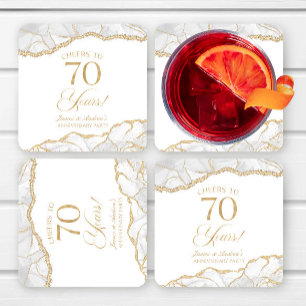 Elegant White Gold Agate 70th Anniversary Party Square Paper Coaster