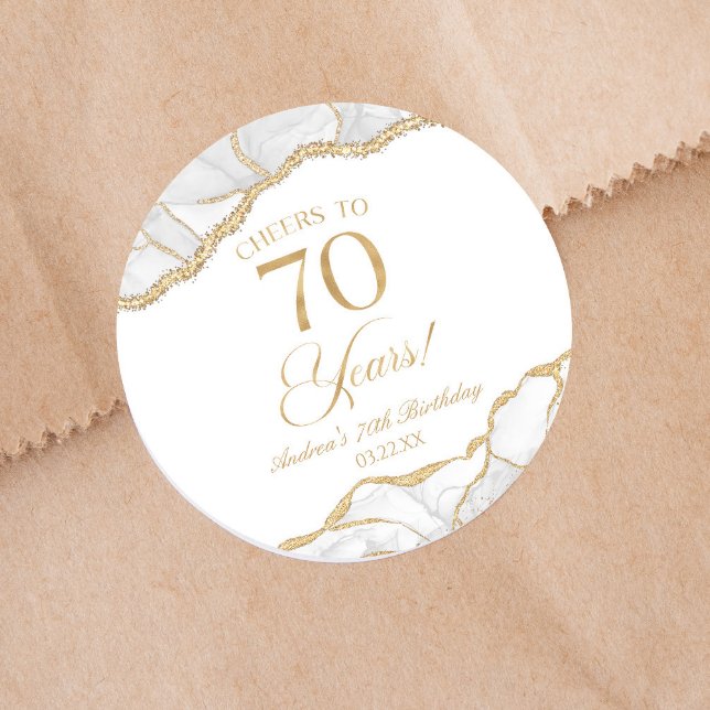 Elegant White Gold Agate 70th Birthday Party Classic Round Sticker (Creator Uploaded)