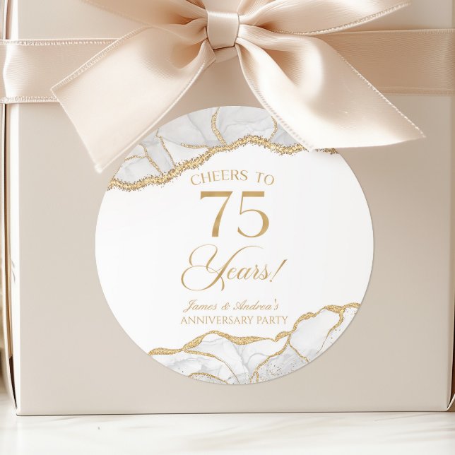 Elegant White Gold Agate 75th Anniversary Party Classic Round Sticker (Creator Uploaded)