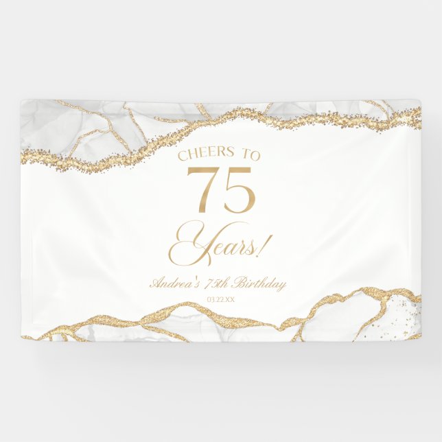 Elegant White Gold Agate 75th Birthday Party Banner (Horizontal)