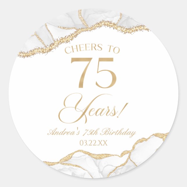 Elegant White Gold Agate 75th Birthday Party Classic Round Sticker (Front)