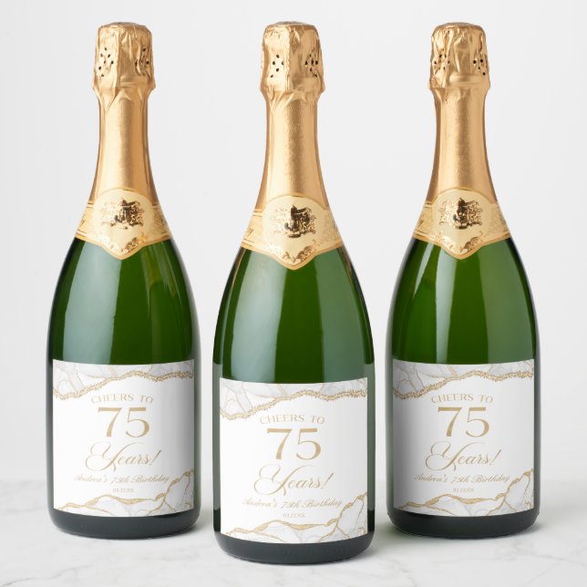 Elegant White Gold Agate 75th Birthday Party Sparkling Wine Label (Bottles)