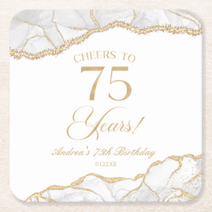 Elegant White Gold Agate 75th Birthday Party Square Paper Coaster