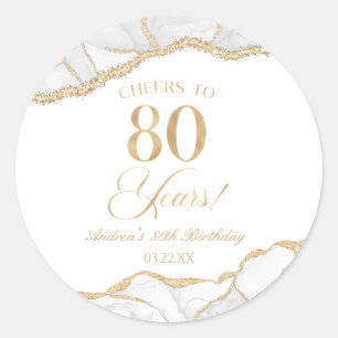 Elegant White Gold Agate 80th Birthday Party Classic Round Sticker
