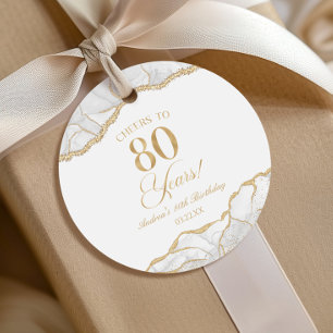Elegant White Gold Agate 80th Birthday Party Favour Tags