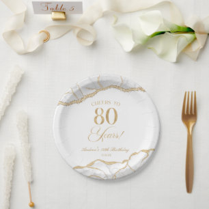 Elegant White Gold Agate 80th Birthday Party Paper Plate