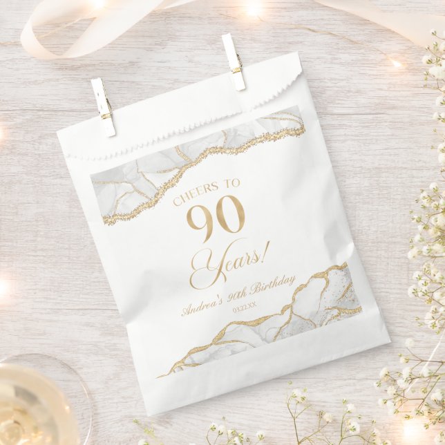 Elegant White Gold Agate 90th Birthday Party Favour Bags (Clipped)