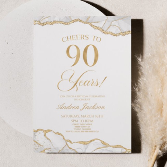 Elegant White Gold Agate 90th Birthday Party Invitation (Creator Uploaded)