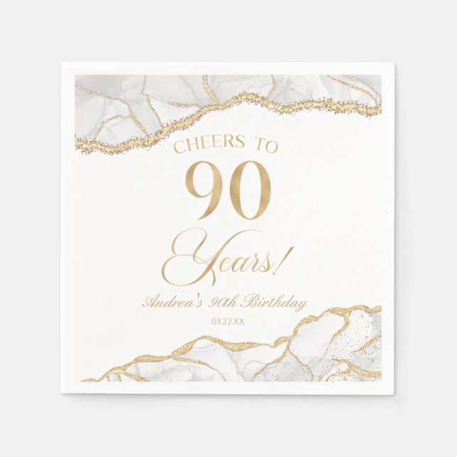 Elegant White Gold Agate 90th Birthday Party Napkin (Front)
