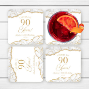 Elegant White Gold Agate 90th Birthday Party Square Paper Coaster