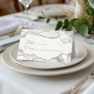 Elegant White & Gold Agate Birthday Dinner Place Card