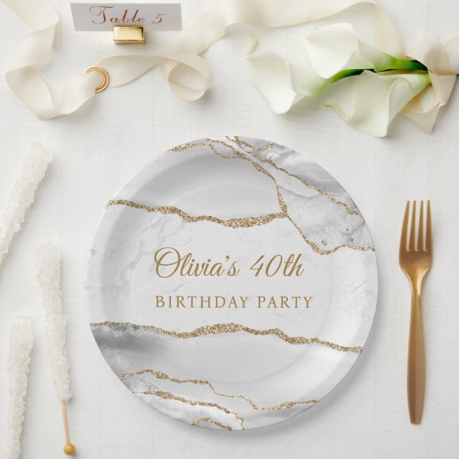 Elegant White & Gold Agate Birthday Party Paper Plate (Wedding)