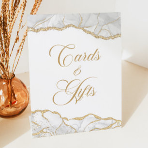 Elegant White Gold Agate Cards & Gifts Pedestal Sign