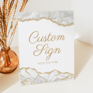 Elegant White Gold Agate Custom Text Pedestal Sign