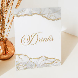 Elegant White Gold Agate Party Drinks Pedestal Sign