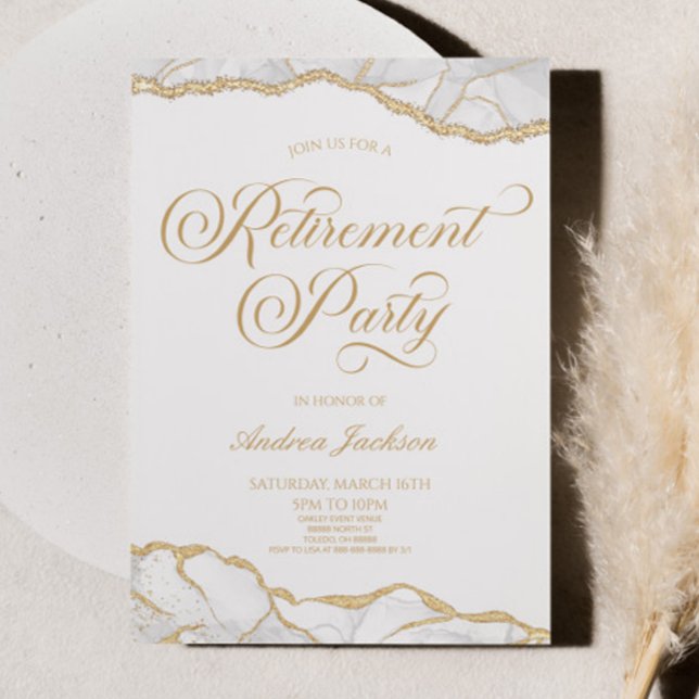 Elegant White Gold Agate Retirement Party Invitation (Creator Uploaded)