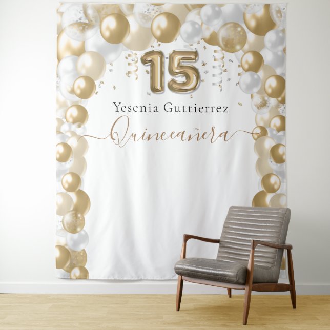 Elegant White Gold Balloon Arch Quinceañera Tapestry (In Situ)