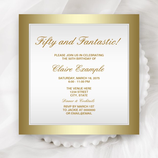 Elegant White Gold Birthday Invitation (Elegant white and gold birthday and event invitation with beautiful gold border. )