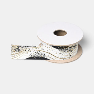 Elegant White Gold Black Wavy Stripes Satin Ribbon