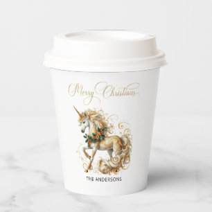 Elegant White & Gold Christmas Unicorn Paper Cups