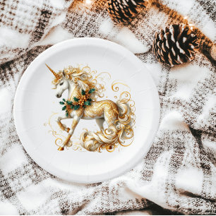 Elegant White & Gold Christmas Unicorn Paper Plate