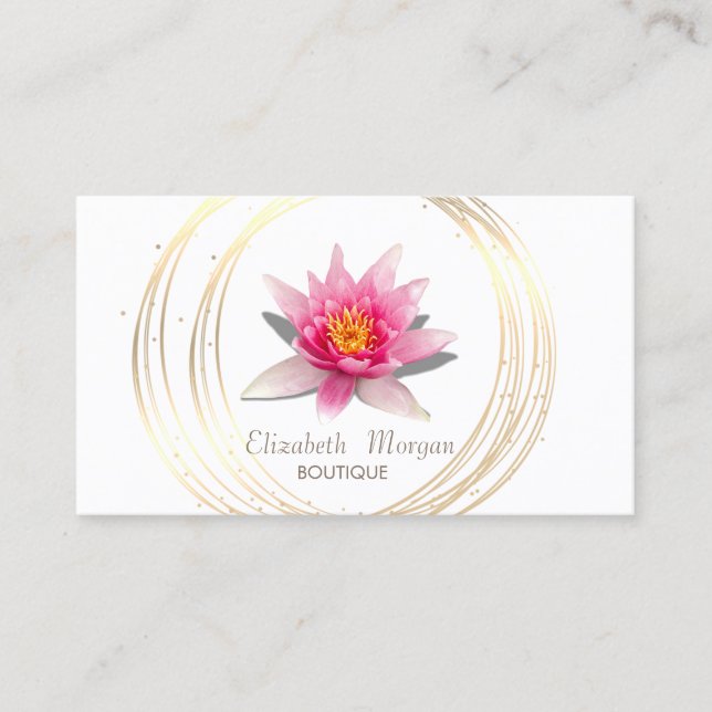 Elegant White ,Gold Circles Watercolor Lotus Business Card (Front)