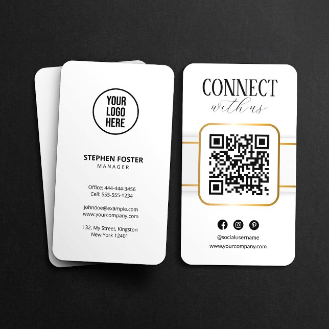 Elegant White Gold Connect With Us QR Code Social  Business Card (Creator Uploaded)