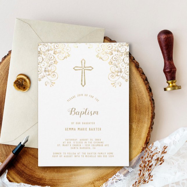 Elegant White Gold Cross Baptism Invitation (Creator Uploaded)