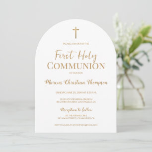 Elegant White Gold Cross Boy First holy communion  Invitation