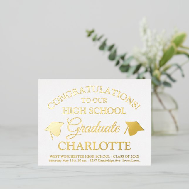 Elegant white gold custom text graduation  foil invitation postcard (Standing Front)