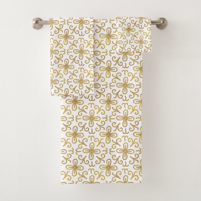 Elegant White Gold Dotted Flower Tile Pattern Bath Towel Set (Insitu)