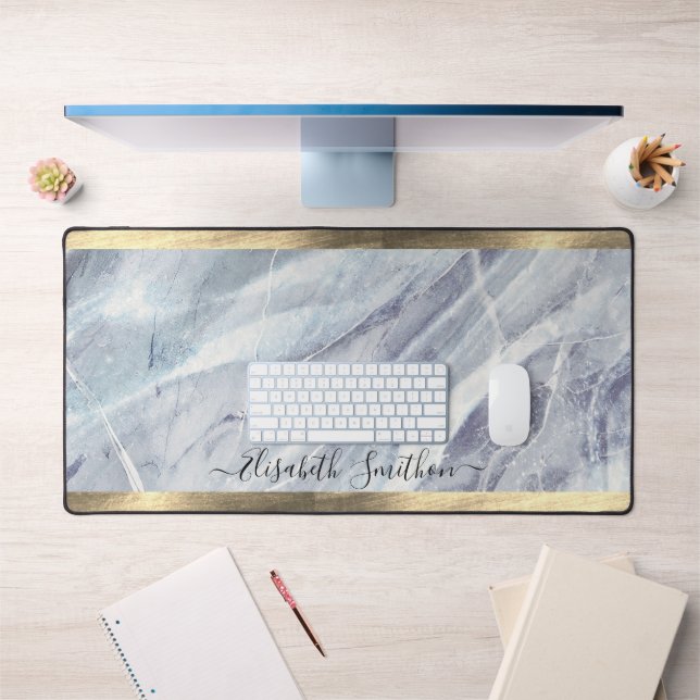 Elegant White Gold Dusty Blue Add Your Name Marble Desk Mat (Office 1)