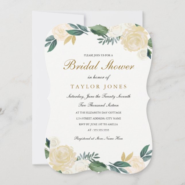 Elegant white Gold Floral Bridal Shower Invitation (Front)